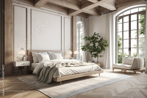 Luxury Modern Interior with Wall Trim and High Ceilings with Styled Bed Made with Generative AI