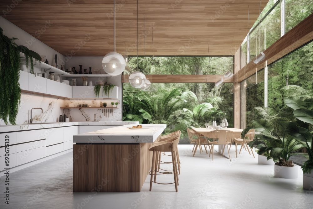 Sustainable Luxury Kitchen Interior with Wood Ceiling and Forest Jungle Views Open Concept Made with Generative AI