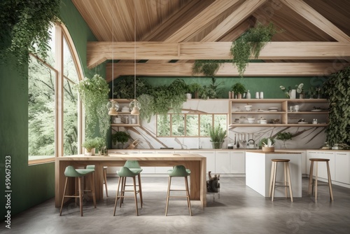 Sustainable Luxury Kitchen Interior with Wood Ceiling and Forest Jungle Views Open Concept Made with Generative AI