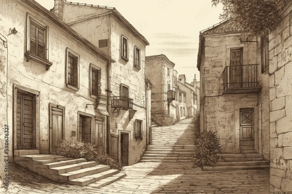 city street with steps leading up to buildings. Generative AI city street with steps leading up to buildings. Generative AI