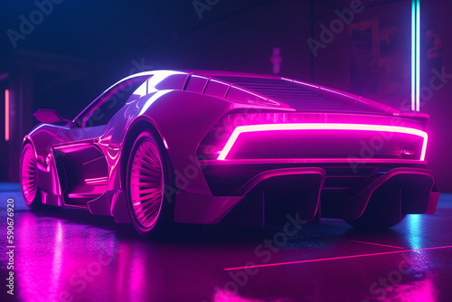 sports cyber neon car rushes along the night road with neon lights at high speed   Generative AI  