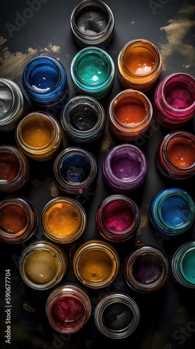 Colorful jars of artist's pain. Generative AI