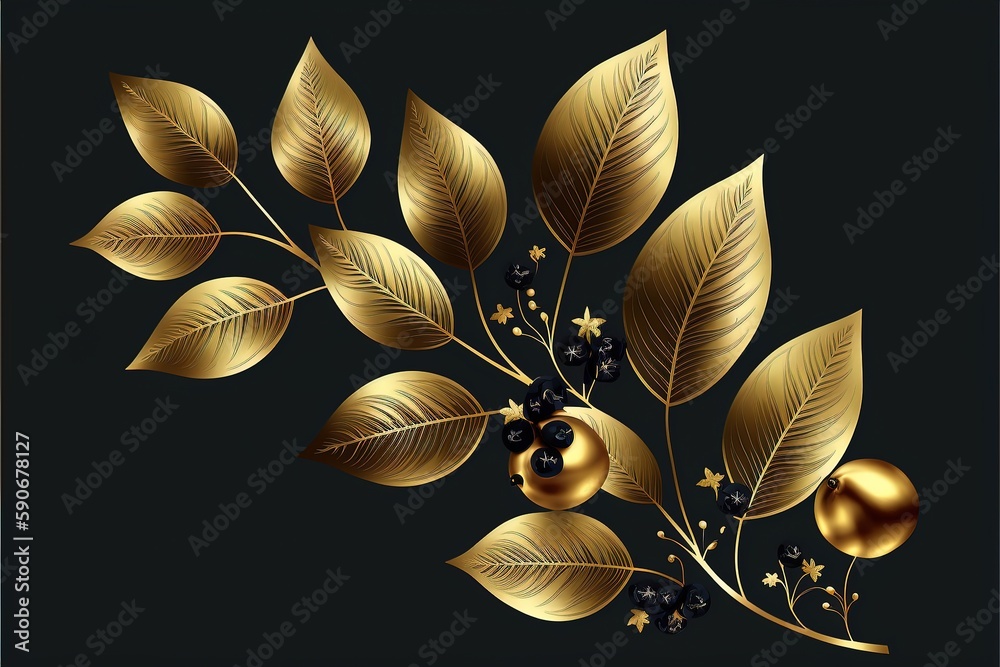 Leafy pattern on a black background with golden leaves and berries. Generative AI