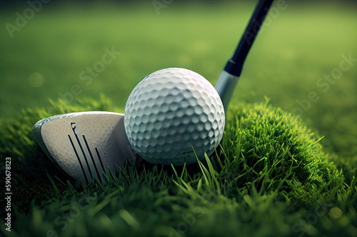 Grass With Golf Ball And Club Closeup With Blank Background Generative AI