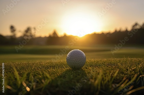 Golf Ball On Grassy Green With Copyspace At Sunrise Generative AI