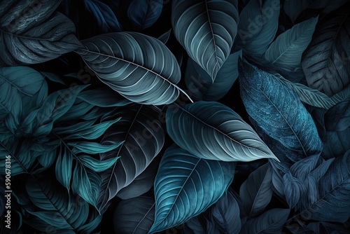 Plant leaves in dark colors. textured background. Generative AI