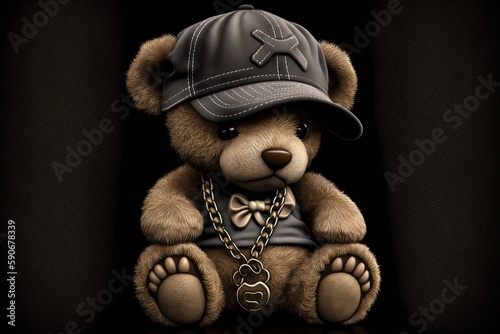 Cute, funny teddy bear in a cap and with a chain on a black background. Generative AI photo