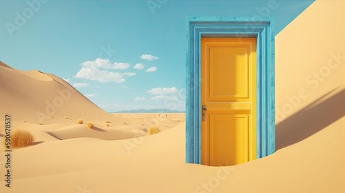 Surreal 3D Yellow Door in Desert Landscape - AI Generated