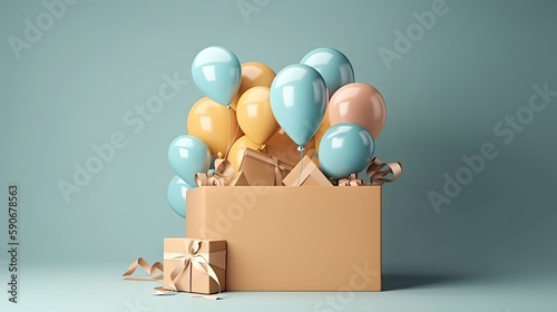 Festive Gift Box with Decorative Objects and Balloons - AI Generated