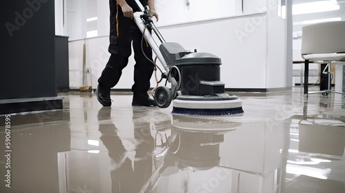 Worker Washing Office Floor with Cleaning Machine - AI Generated