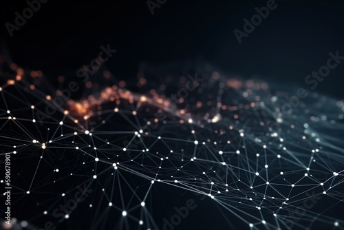 The idea of AI technology is portrayed through an abstract representation of interconnected dots and lines, depicting the motion of digital data flow. Generative AI