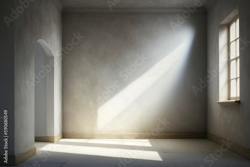 Minimal Empty Beige Room with Textured Venetian Plaster Wall and Light Shining Through a Window Background for Product Presentation Generative AI