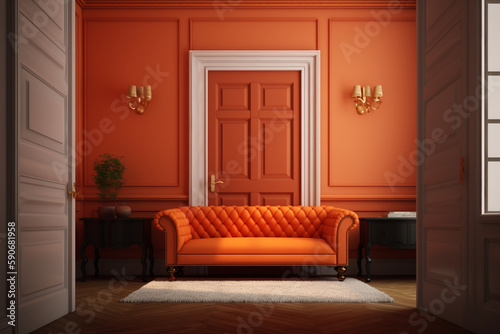 Living room sofa with orange background and white classic door, Generative AI