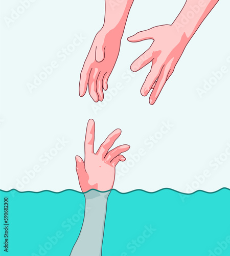 Help hand for drowning person. Life saving in sea or ocean. Psychology support