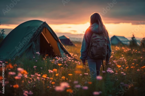 Young woman posing in front of a tent in a northern mountains. Generative AI