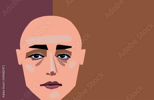 A cancer patient who lost her hair due to chemotherapy is seen in this vector portrait in a graphic style.