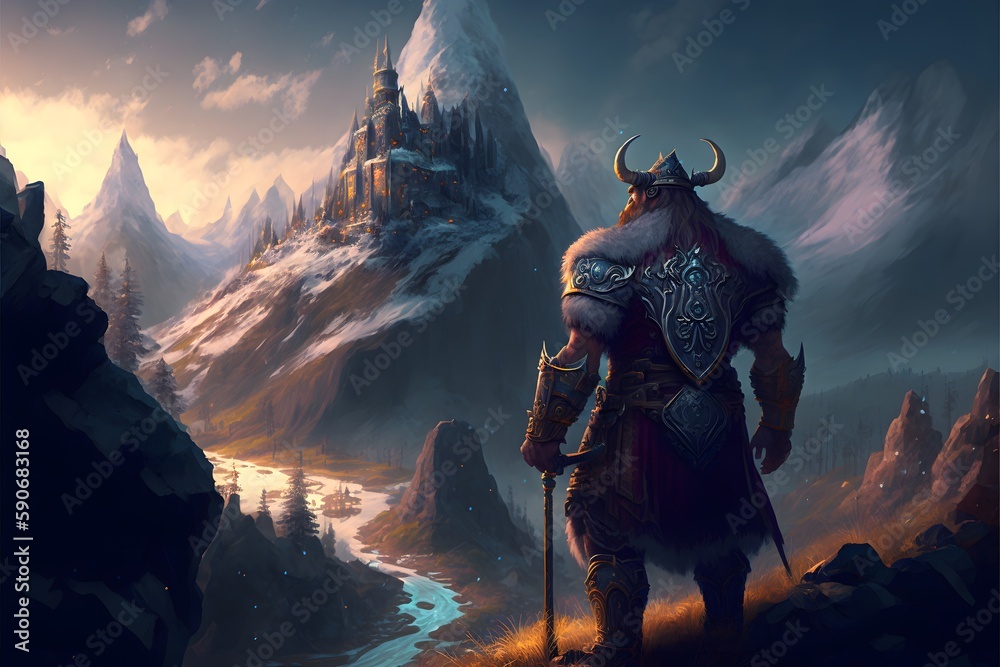 fantasy style artwork a mountainous magical landscape with a big ...