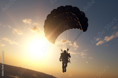 Silhouette skydiver parachutist landing, Generative AI