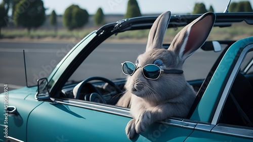 Cute Easter Bunny with sunglasses looking out of a car Generative AI