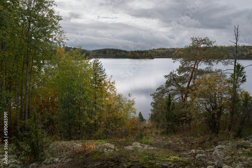 View of the Lake Ladoga near the village Lumivaara on a cloudy autumn day  Ladoga skerries  Republic of Karelia  Russia