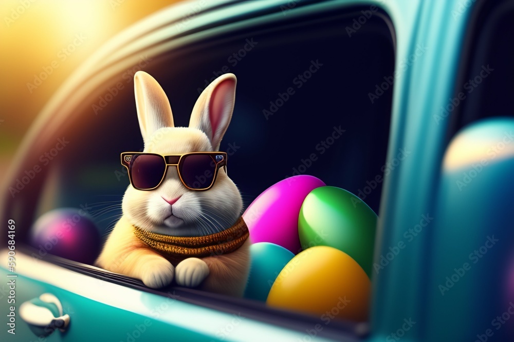 Cute Easter Bunny with sunglasses looking out of a car filled with easter eggs Generative AI