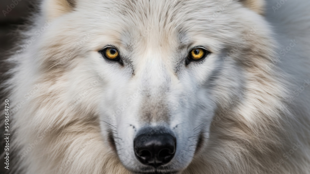 Obraz premium Generative AI, The Alluring Majesty of the White Wolf, A Striking Portrait of Power and Grace in the Wild, with Piercing Yellow Eyes That Mesmerize and Captivate. Generative AI. 