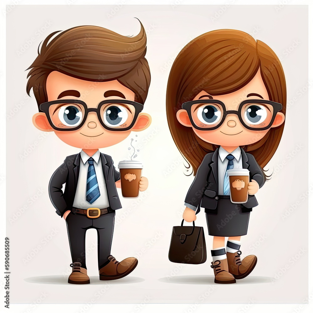 Cartoon character of business man with business woman on white ...