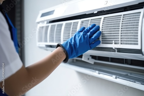 worker checking air conditioner system service, maintain