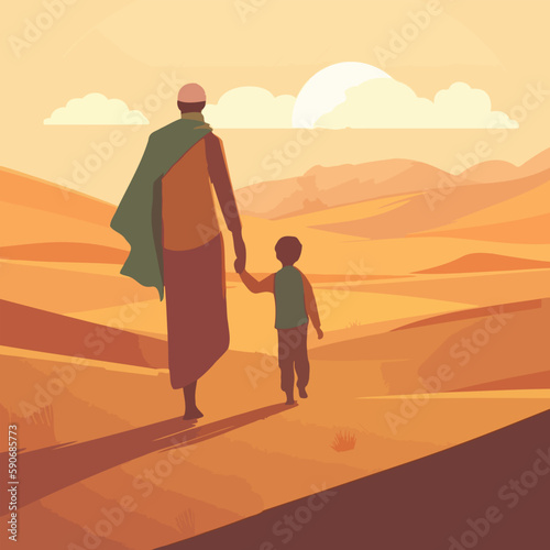 The man and his sons appear to be dressed in simple  lightweight clothing  with scarves wrapped around their heads to protect them from the scorching sun.
