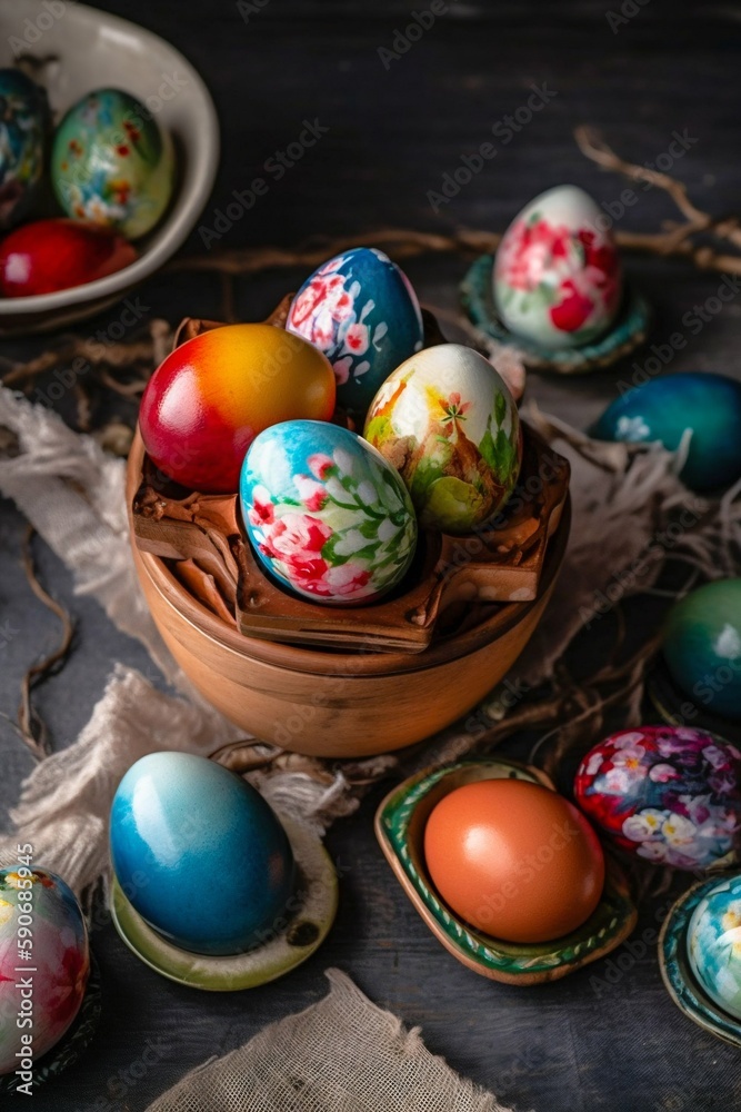 Dyed eggs. Easter day holiday. Generative AI