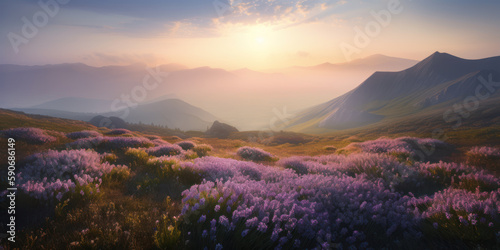 Spring dawn in the mountains with pink purple flowers and grass. AI generation
