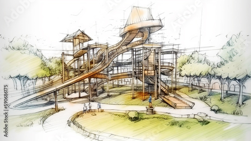 The watercolor illustration of a kid's playground. Built based on various themes that interest children. Located in an attractive landscaped environment. 