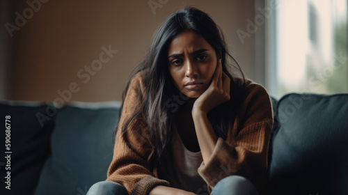 Unhappy depressed Indian woman holding head in hands, sitting alone on couch at home, stressed young female worried about bad relationship Generative AI photo