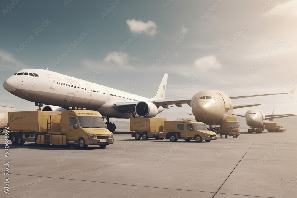 Transport trucks of various sizes ready to ship With a transport plane, Generative AI Transport trucks of various sizes ready to ship With a transport plane, Generative AI