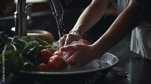 Woman washing vegetables on kitchen counter. close up. Generative AI