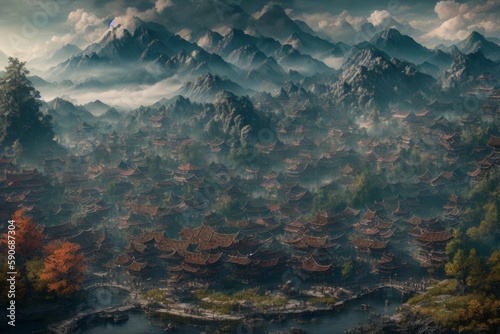 a beautiful landscape view on a old asian town with unique buildings and the mountains in the background. Generative AI