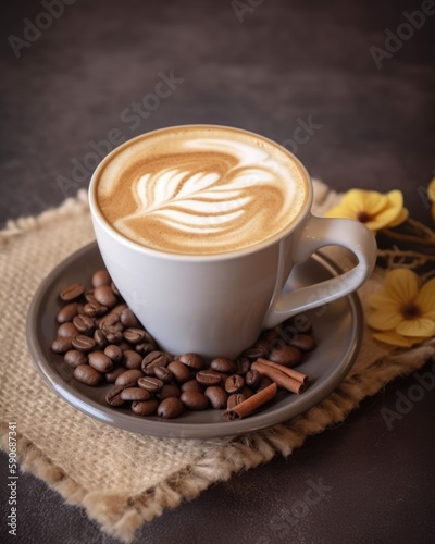 Cappuccino leaf design latte art on a table decorated with coffee beans