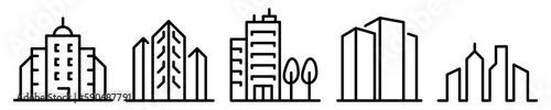 Conjunto de iconos de edificios. Concepto de arquitectura e infraestructura. Bienes raíces, construcción, edificación. Ilustración vectorial