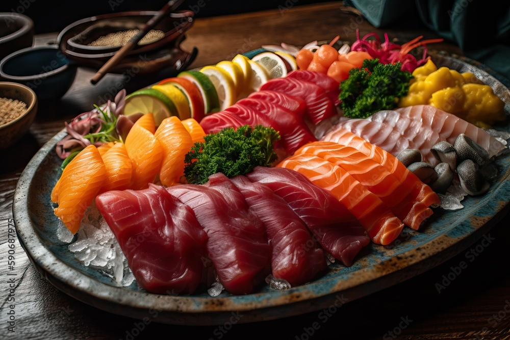 Sashimi showcasing the raw fish, salmon, tuna (Ai generated)