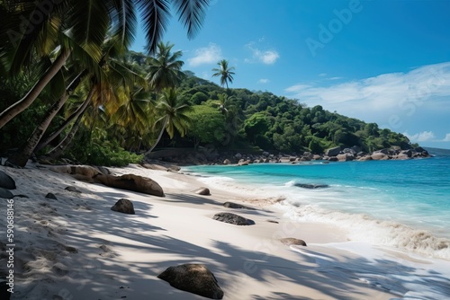 Palm trees and white sand beach with blue water (Ai generated)