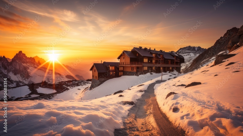 house and sunset in the mountains, winter arctic climate, top landscape view dusk at Alp illustration, generative ai