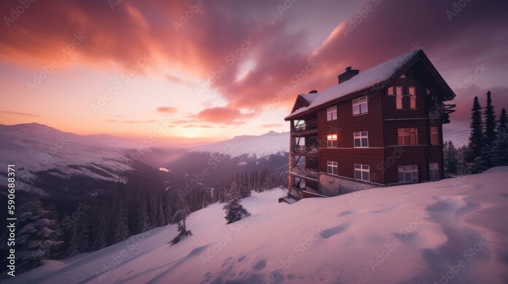 cottage house and sunset in the mountains, winter arctic climate, top landscape view dusk at Alp illustration, generative ai