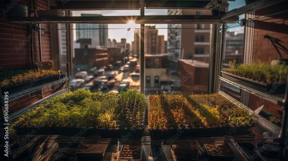 Plants on the windowsill of a residential building in the city, Generative AI