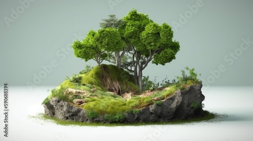 Generative AI of a green tree on a green island with grass