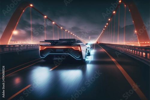 Cyber neon driving green power sport car with hybrid technology automotive in futuristic. Concept of light glowing on dark city view in night life. Finest generative AI.