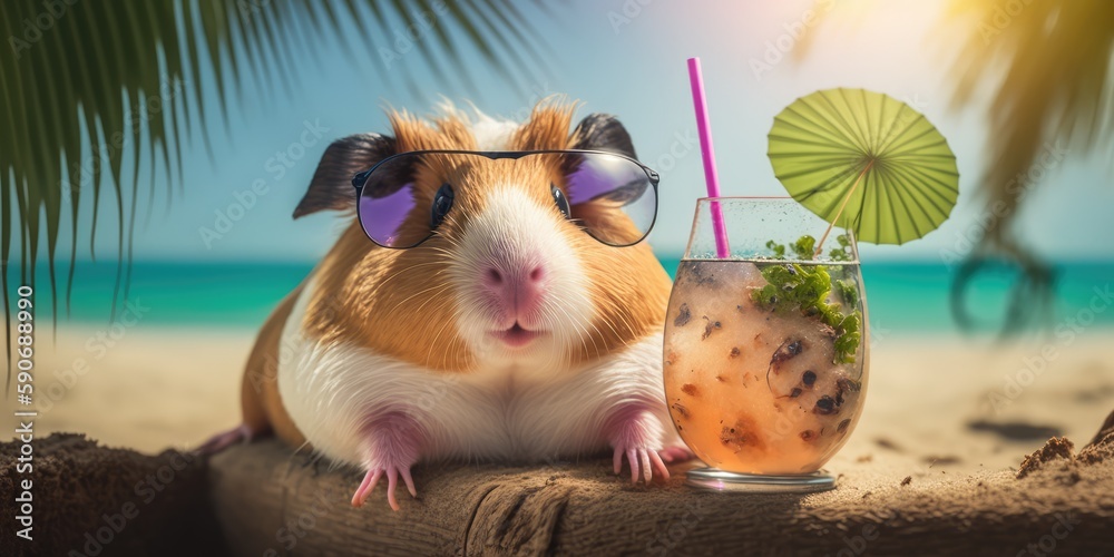 Guinea pig is on summer vacation at seaside resort and relaxing on
