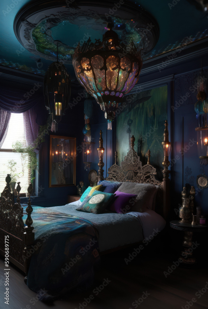 Obraz premium Gothic Bedroom in Blue and Purple, AI