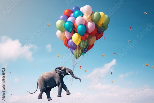 A playful and whimsical scene of an elephant and balloons floating weightlessly in the sky amidst flowers and grass. This surreal and imaginative image is AI Generative.