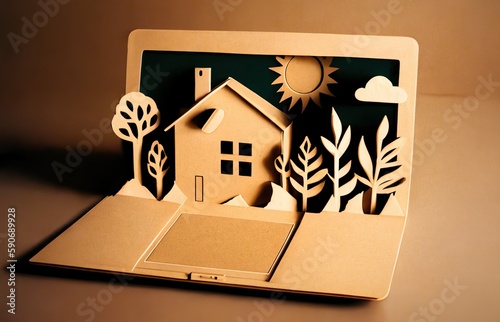 A paper made laptop with a little house and some plants. Generative AI 