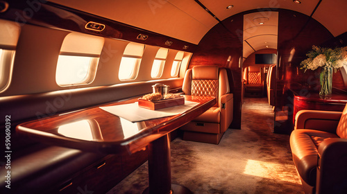 The exquisite luxury interior of a modern business jet, bathed in warm sunlight. photo
